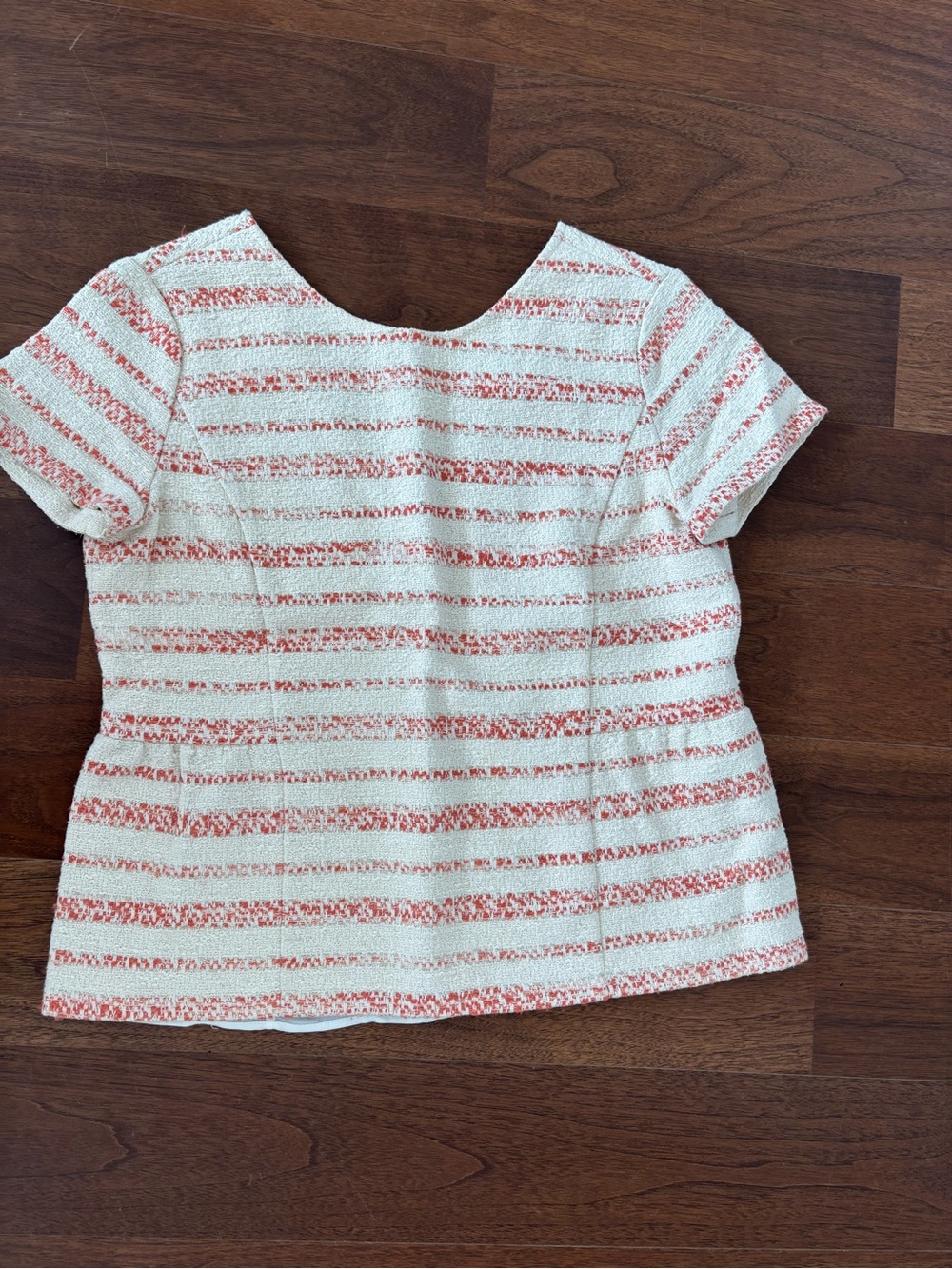 Sezane White Coral Gold Tweed Short Sleeve Peplum Top